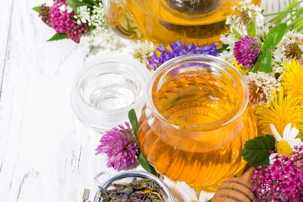Miel de flor fresca, té e ingredientes sobre fondo blanco — Foto de Stock