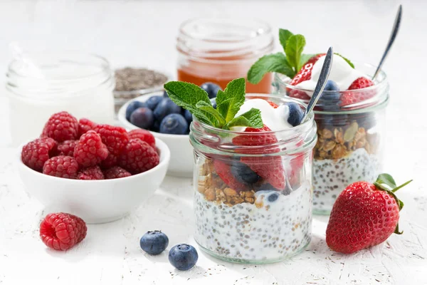 Frukost i en burk med chia, bär och havre flingor — Stockfoto