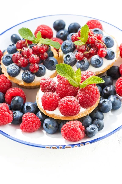 Mini cakes with sweet cream and berries on plate, vertical — Stock Photo, Image