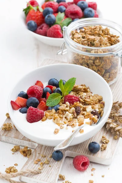 Sana colazione con yogurt naturale, muesli e frutti di bosco — Foto Stock