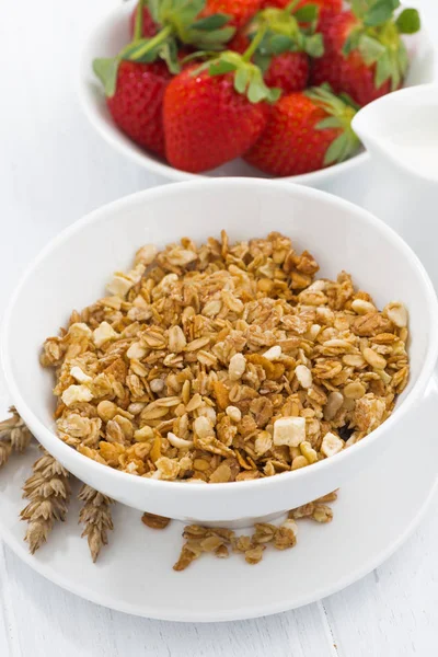 Zelfgemaakte gebakken muesli, aardbeien en melk, close-up — Stockfoto