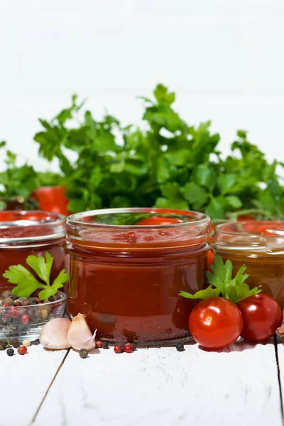 Sortimento de molhos de tomate e ingredientes — Fotografia de Stock
