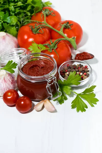 Molho de tomate fresco e ingredientes sobre fundo branco, vertical — Fotografia de Stock