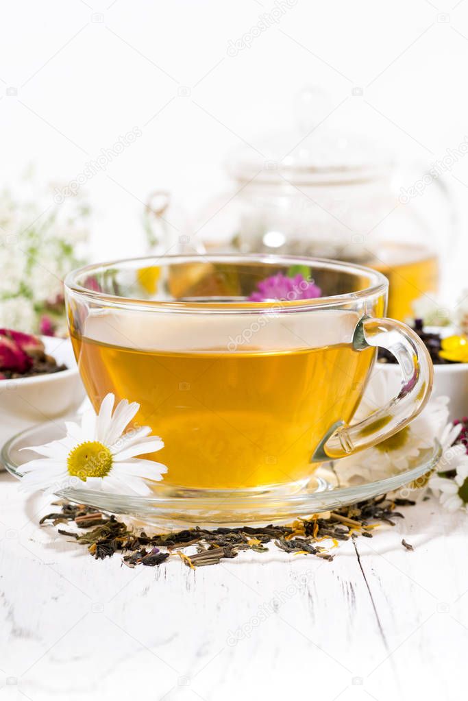 fragrant herbal tea in a cup, closeup vertical