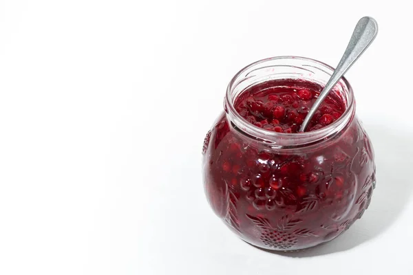 Jar with cowberry jam on white background, top view — Stock Photo, Image