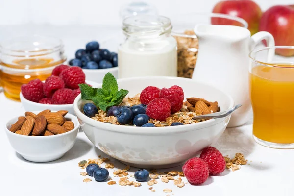 Zdrowe śniadanie. muesli, świeże jagody i owoce — Zdjęcie stockowe