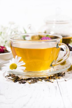 Beyaz arka planda, dikey bir fincan güzel kokulu bitki çayı