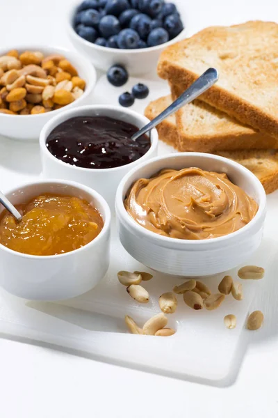 Peanut Butter Jams Toasts Breakfast Vertical Closeup — Stock Photo, Image