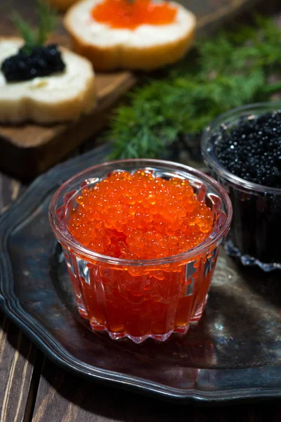 Traditional Red Black Caviar Sandwiches Top View — Stock Photo, Image