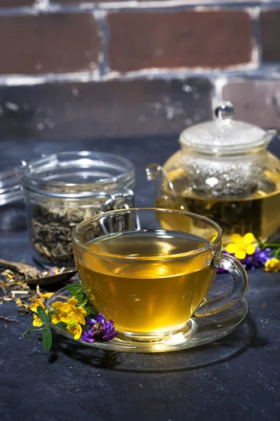 Cup of tea with aromatic herbs on a dark background, vertical — Stock Photo, Image