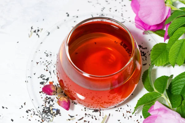 Herbata z dziką różą w szklanym kubku na białym tle — Zdjęcie stockowe