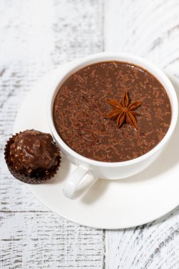 Bir fincan sıcak çikolata ve çikolata, dikey.