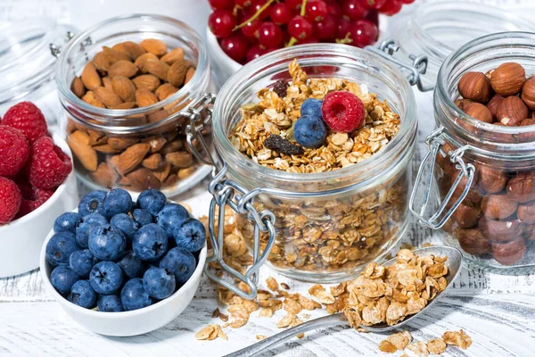 Healthy Banana Granola Breakfast Ingredients White Table Top View — Stock Photo, Image