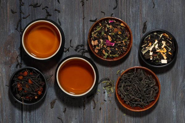 Assortment Fragrant Tea Black Floral Herbal Drinks Top View Horizontal — Stock Photo, Image