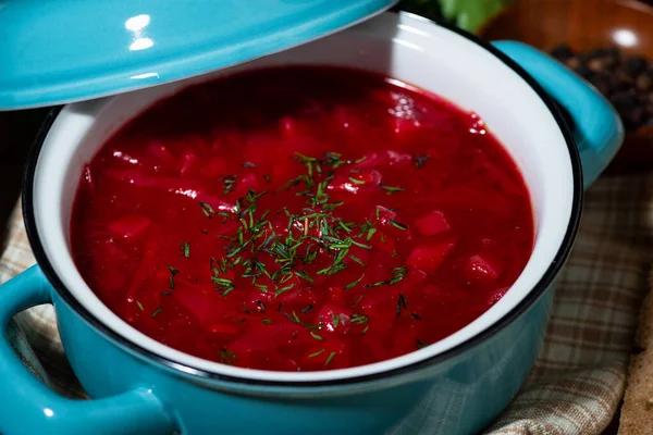 Traditional Russian Dish Fresh Borsch Sour Cream Dill Closeup Horizontal — Stock Photo, Image