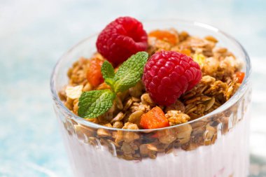 Tahıllı tatlı, ahududu ve meyveli yoğurt, yatay yakın plan.