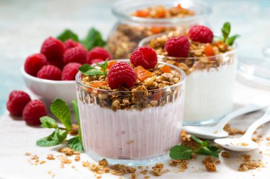 Tahıllı tatlı, taze ahududu ve meyve yoğurdu, yatay.