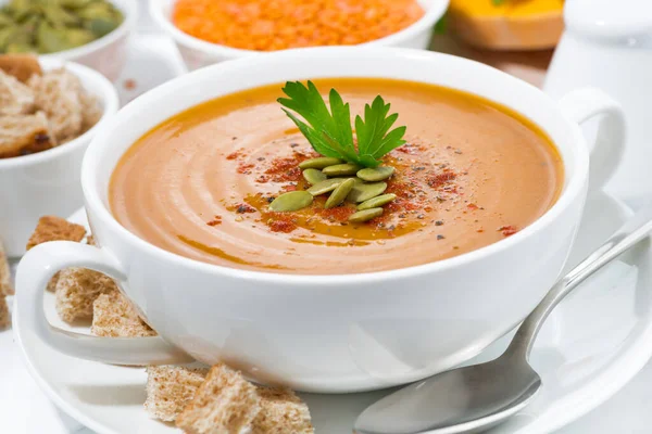 Soup Pumpkin Lentils Bowl White Background Closeup Horizontal — Stock Photo, Image