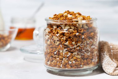 Hindistan cevizi ve fındıklı ev yapımı granola, yatay yakın plan.