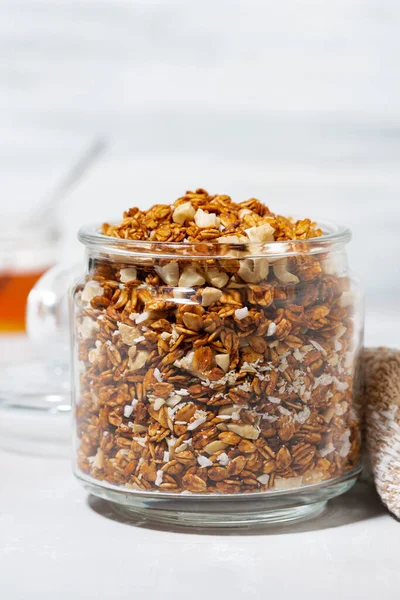 Zelfgemaakte Granola Met Kokosnoot Noten Close — Stockfoto