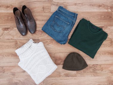 Ahşap üzerinde kış giyim Üstten Görünüm