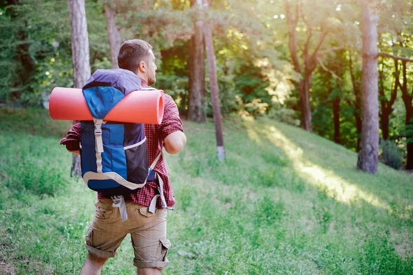 Junger Erwachsener, der im Wald spazieren geht, um einen Ausflug zu machen — Stockfoto