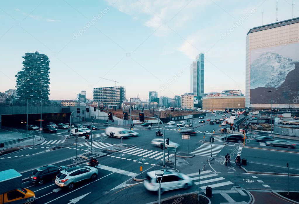 High angle view of modern city traffic congested intersection
