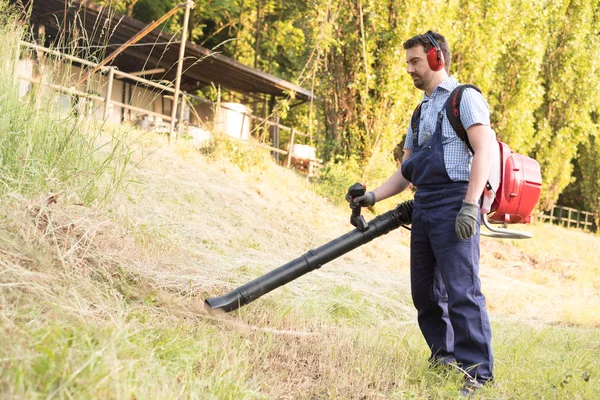 Tuinman opruimen van de bladeren met behulp van een bladblazer — Stockfoto