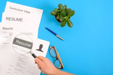 Cv kağıtları başvuru formu üzerinde mavi bir masaüstü yığını. Üstten Görünüm