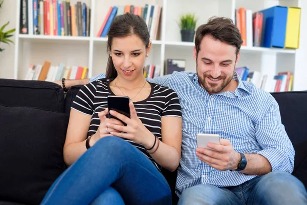 Lovers Couple Watching Media Content Mobile Phone — Stock Photo, Image
