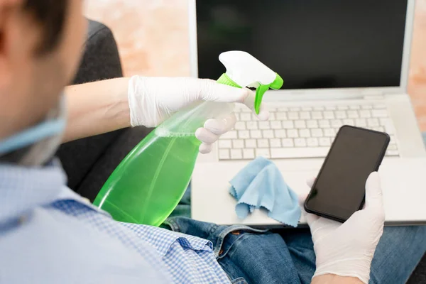 Close Man Cleaning Sanitizing Tech Devices — Stock Photo, Image