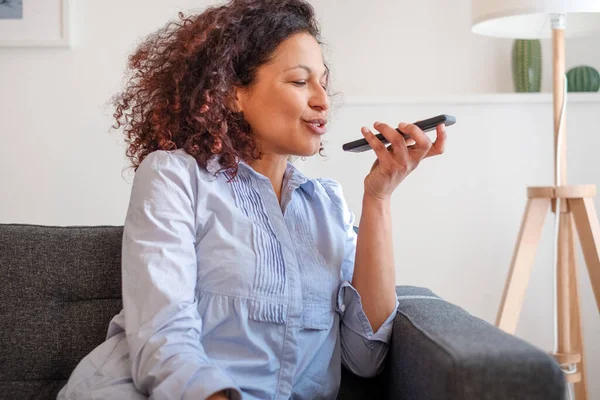 Happy Black Woman Making Phone Call Using Voice Notes — Stock Photo, Image