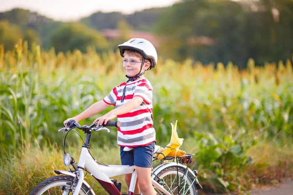 Preschool kid boy in helmet having fun with riding of bicycle — Stock Photo, Image