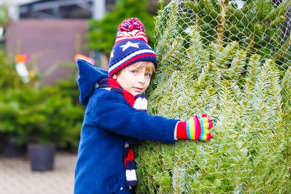 Hermoso niño sonriente sosteniendo el árbol de Navidad —  Fotos de Stock