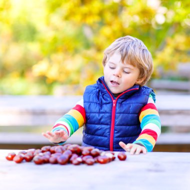 kestane sonbahar Park ile oynayan küçük sarışın çocuk.