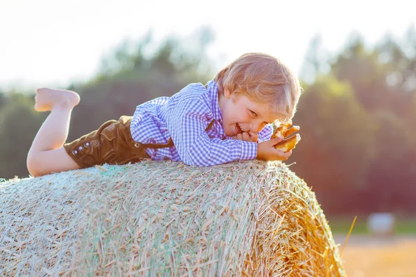 Little kid boy lying on hay stack  and smiling — Stockfoto