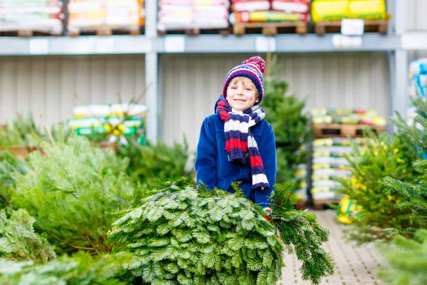 Pequeña niña y padre sosteniendo el árbol de Navidad en un mercado