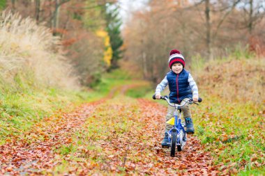 Küçük çocuk çocuk sonbahar ormandaki bisiklet ile