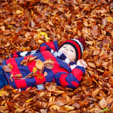 Sonbahar yaprakları arasında küçük şirin bir çocuk parkta..