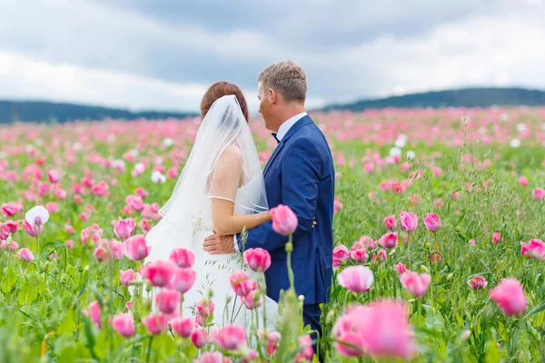 Happy wedding couple in pink poppy field