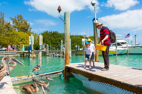 Father and two little kid boys feeding fishes and pelicans — Stock Photo, Image