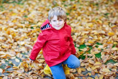 mutlu sevimli küçük çocuk çocuk bahçesinde oynarken sonbahar yaprakları ile