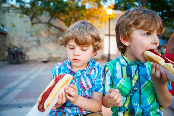 Twee kid beetje jongens eten hotdogs buitenshuis — Stockfoto