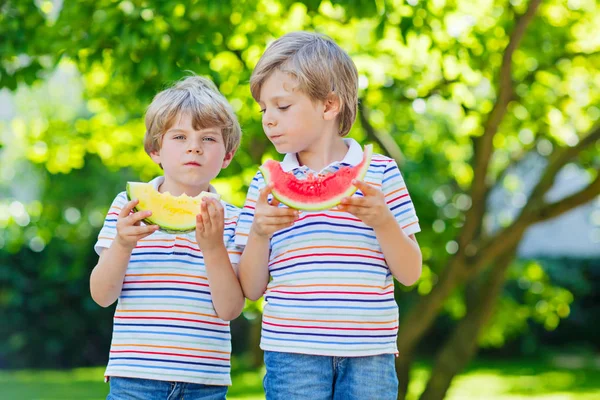 Två små förskola barn pojkar äta vattenmelon på sommaren — Stockfoto