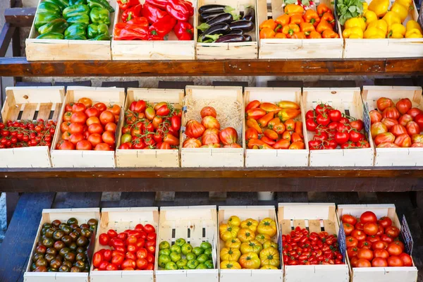 Tomates frescos orgânicos do mercado dos agricultores mediterrânicos em Ital — Fotografia de Stock