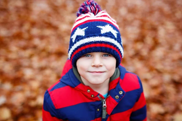 Roztomilý malý chlapec na podzim opustí pozadí v parku. — Stock fotografie
