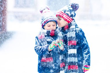 Mutlu çocuklar kışın karla eğleniyor.