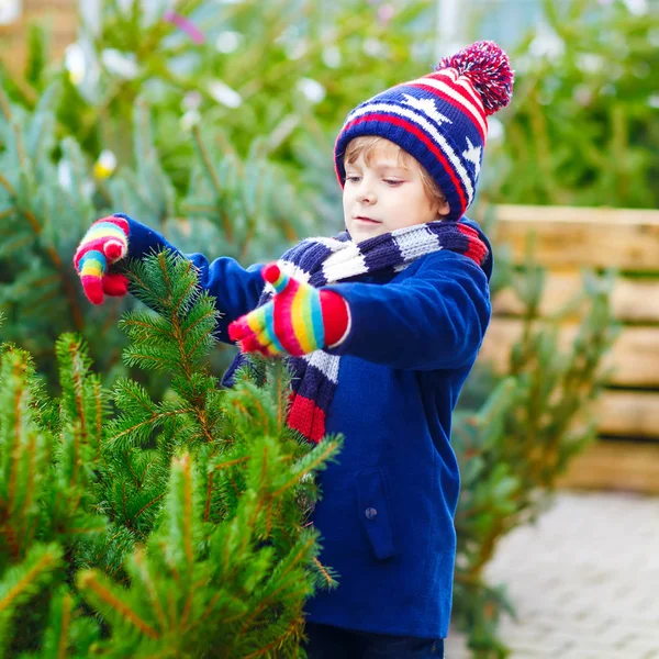 Красивый улыбающийся мальчик с рождественской ёлкой — стоковое фото