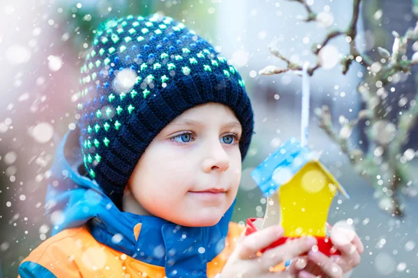 Niño colgando casa de aves en el árbol para alimentarse en invierno — Foto de Stock