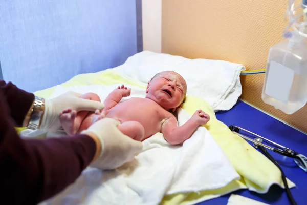 Newborn child seconds and minutes after birth. Check up — Stock Photo, Image